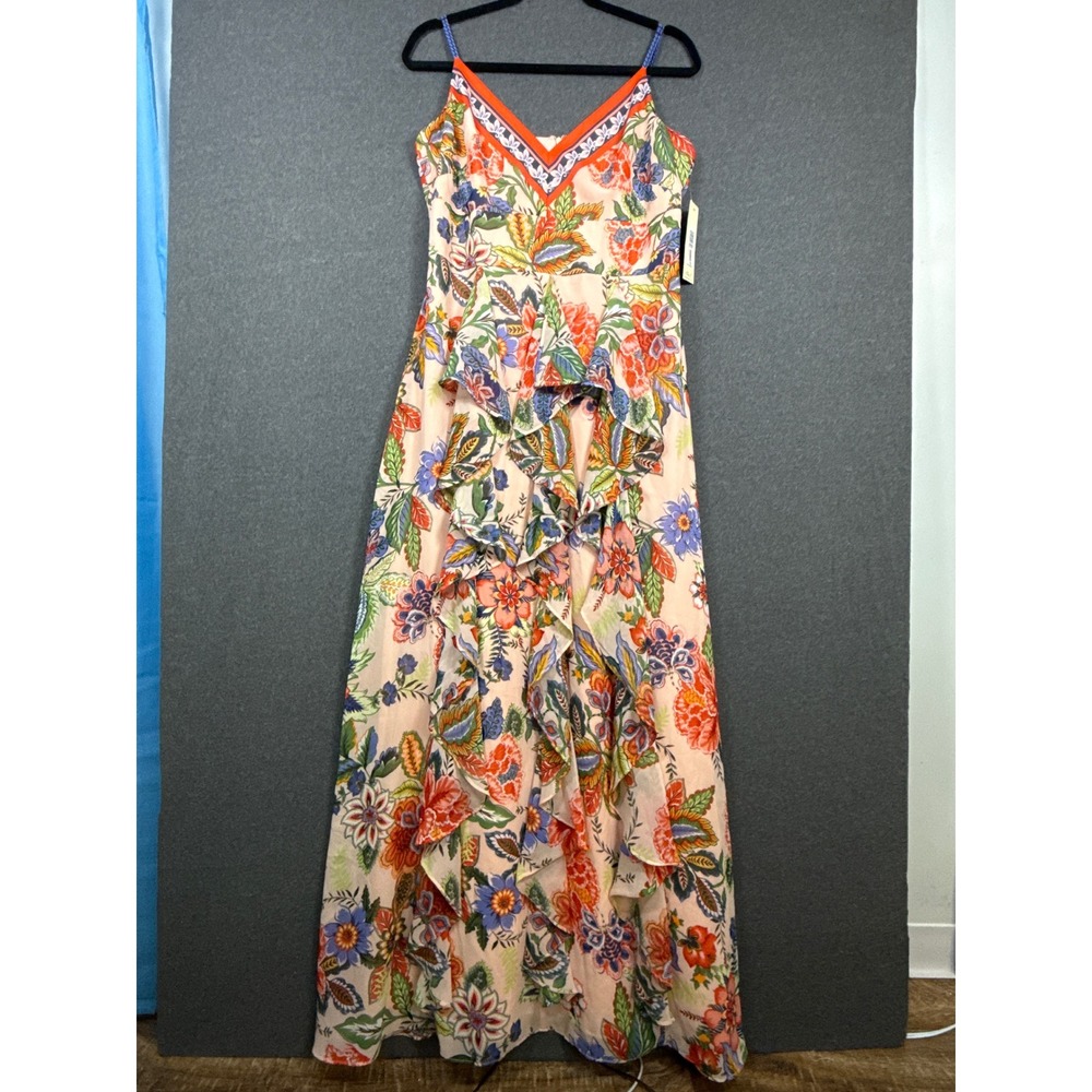 NWT Eliza J Floral Ruffle Maxi Dress Pink V-Neck Size 12 cocktail party beachy